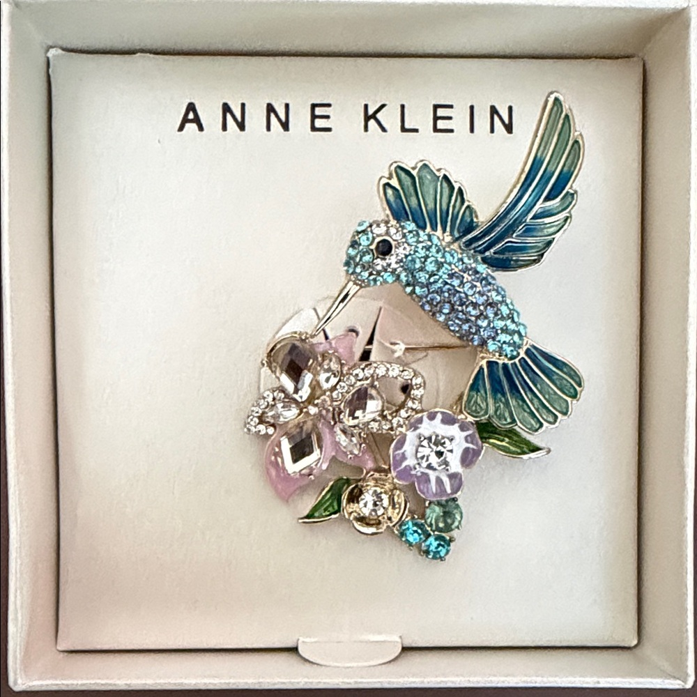Anne Klein Blue and Green Crystal Hummingbird Brooch